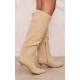 Camel Faux Nubuck Point Toe Low Heel Knee High Boots