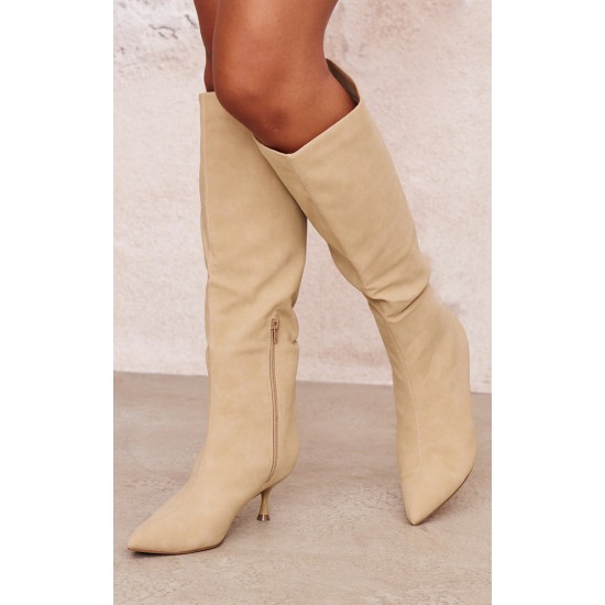 Camel Faux Nubuck Point Toe Low Heel Knee High Boots