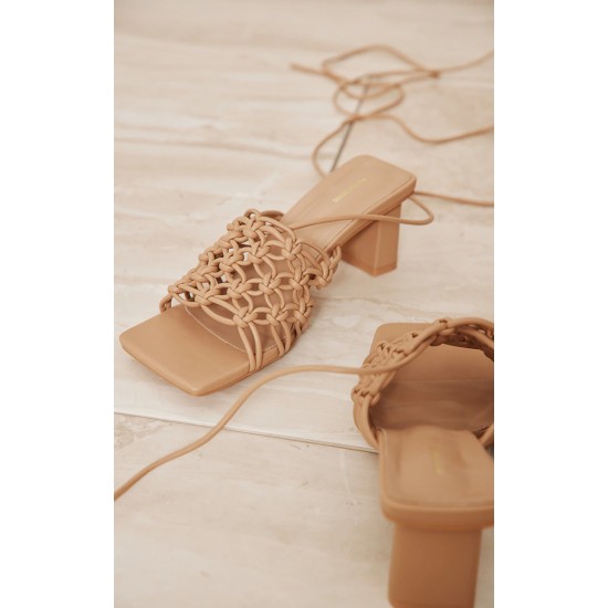 Stone PU Wide Fit Square Toe Woven Lace Block Heeled Sandals