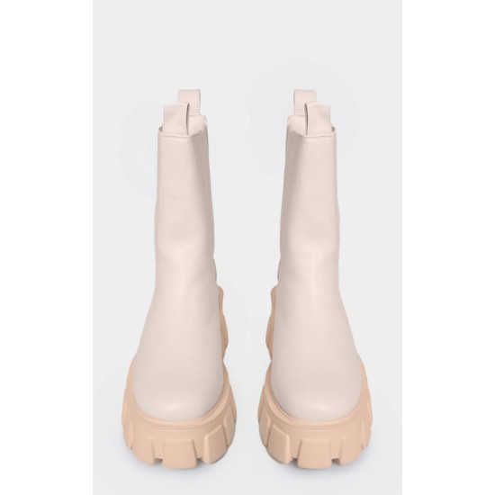 Cream PU Chunky Sole High Chelsea Ankle Boots