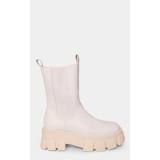 Cream PU Chunky Sole High Chelsea Ankle Boots