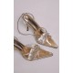 Gold Wide Fit Diamante Knot Detail Point Toe Mid Heeled Sandals