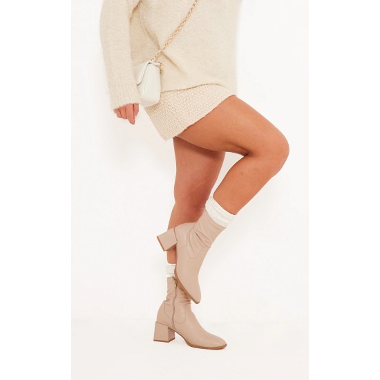 Beige PU Square Toe Low Block Heel Stretch Ankle Boots