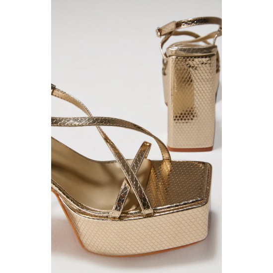 Gold Croc PU Square Toe Cross Strap Platform Heeled Sandals