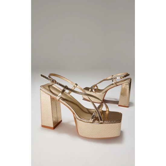 Gold Croc PU Square Toe Cross Strap Platform Heeled Sandals