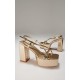 Gold Croc PU Square Toe Cross Strap Platform Heeled Sandals