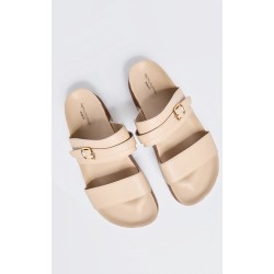 Cream PU Wide Fit Round Toe Double Strap Flat Sandals