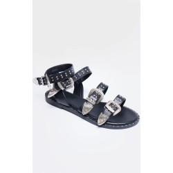 Black PU Round Toe Studded Buckle Detail Gladiator Sandals