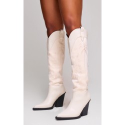 Cream Faux Suede Knee High Stitch Block Heel Western Boots