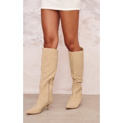 Camel Faux Nubuck Point Toe Low Heel Knee High Boots